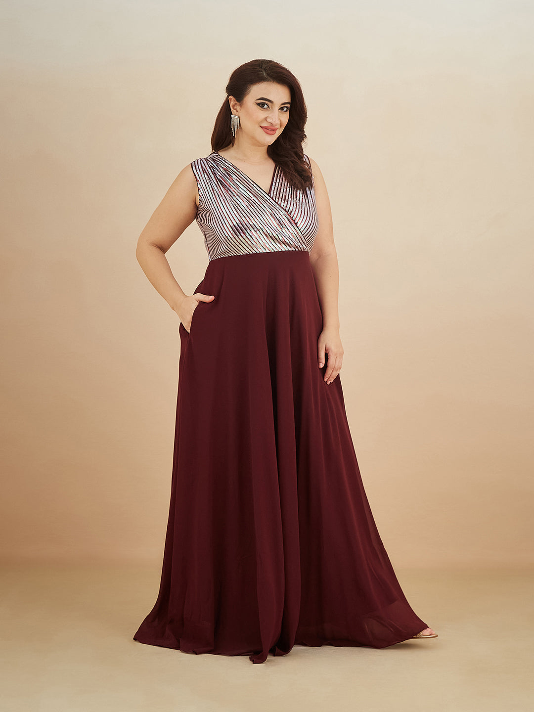 Wine V-Neck Sleeveless Embellished Wrap-Styled Maxi Georgette Dress for Women — Miss Chase A+