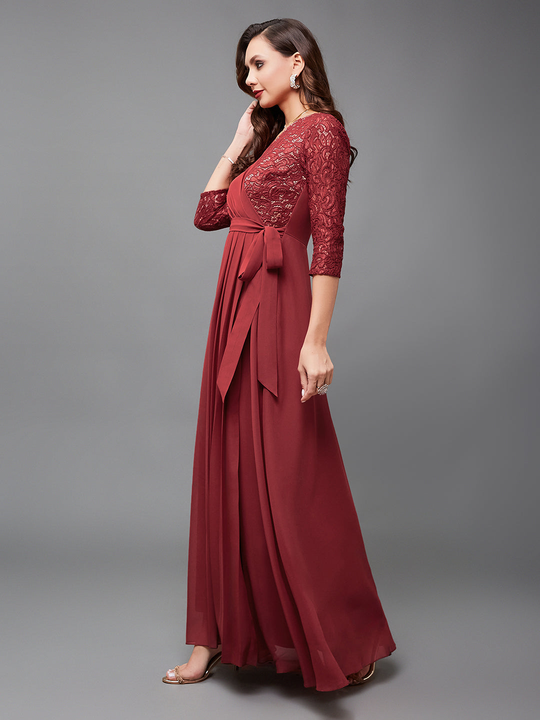 Women's Brick Red V-Neck 3/4 Sleeve Self-Designed Wrap Styled Georgette Maxi Dress