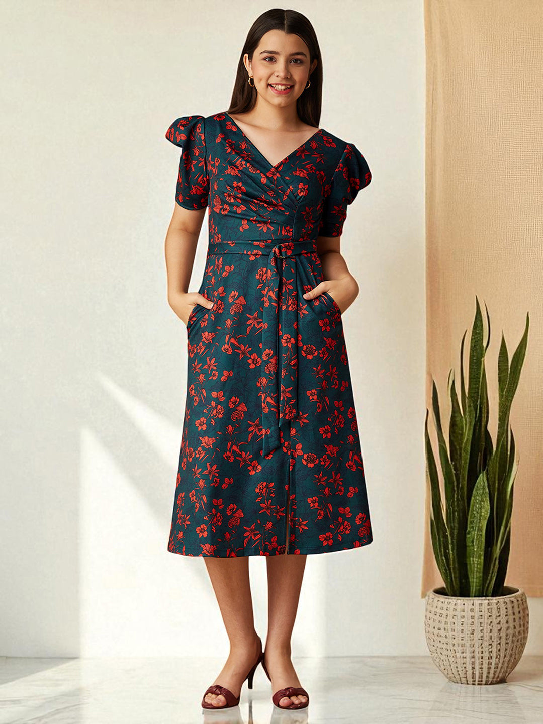 Multicolored-Base-Teal V-neck Puff Sleeve Floral Wrap Midi Dress for Girls/Teenagers for Women — Mizuki