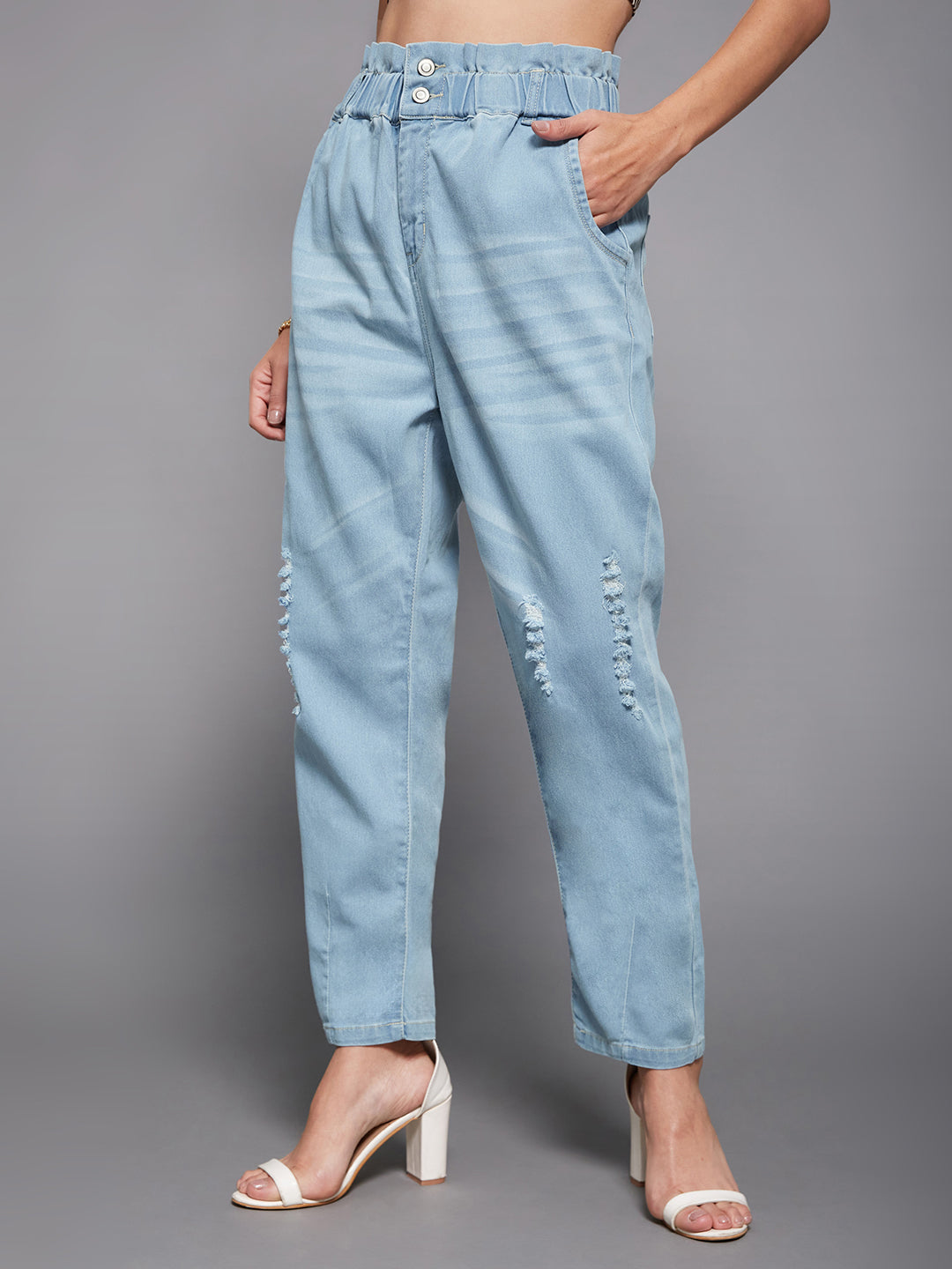 Women's Light Blue Mom's Jean High-Rise Mild Distress Stretchable Denim Jeans