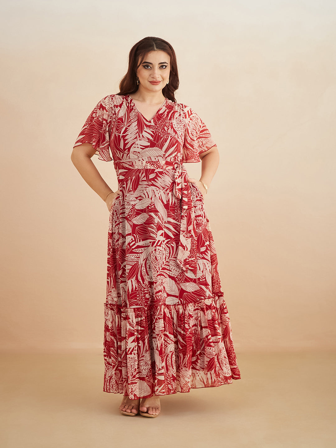 Maroon V Neck Flared Sleeve Floral Wrap Maxi Dress for Women