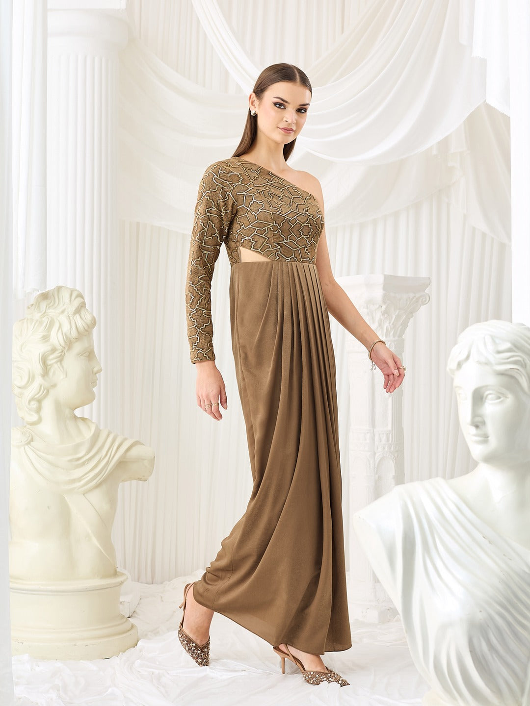 Dark Beige One Shoulder Full-Sleeve Embellished Draped Velvet Maxi Dress for Women
