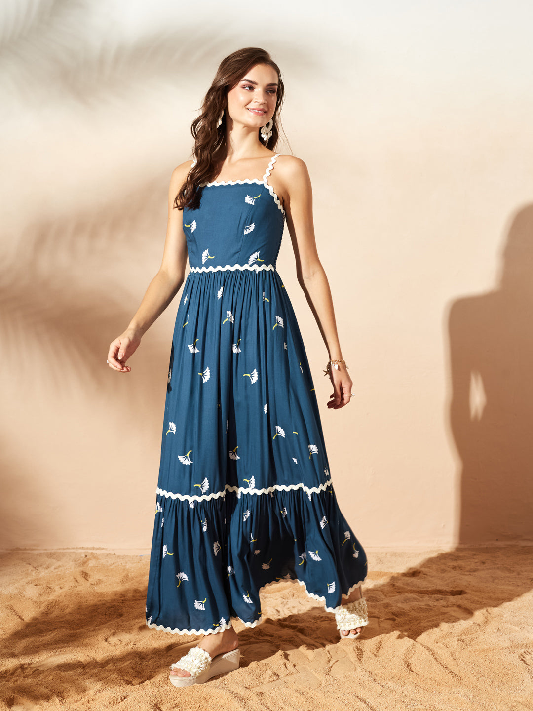 Teal Bohemian Multicolored Tiered Maxi Dress with Square Neck and Smocked Back for Women