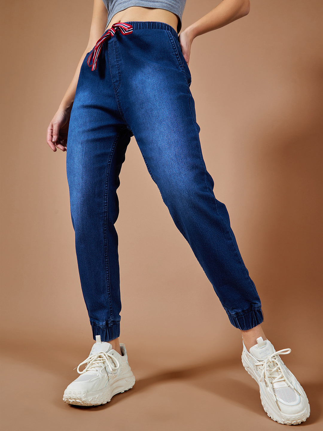 Women's Navy Blue Solid Mid Rise Clean-Look Regular Length Stretchable Denim Jogger Pants