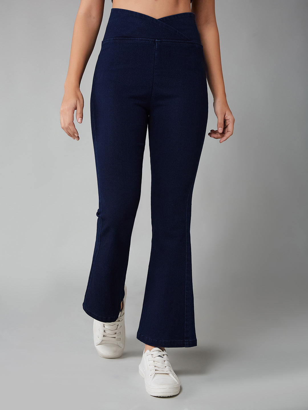 CHASEshape™ Women's Navy Blue High-Rise Clean-Look Regular-Length Stretchable Denim Pull Up Bootcut Shaping Jeans