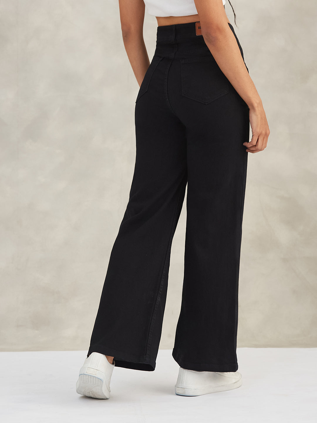 Women's Black Wide-Leg High-Rise Stretchable Denim Jeans