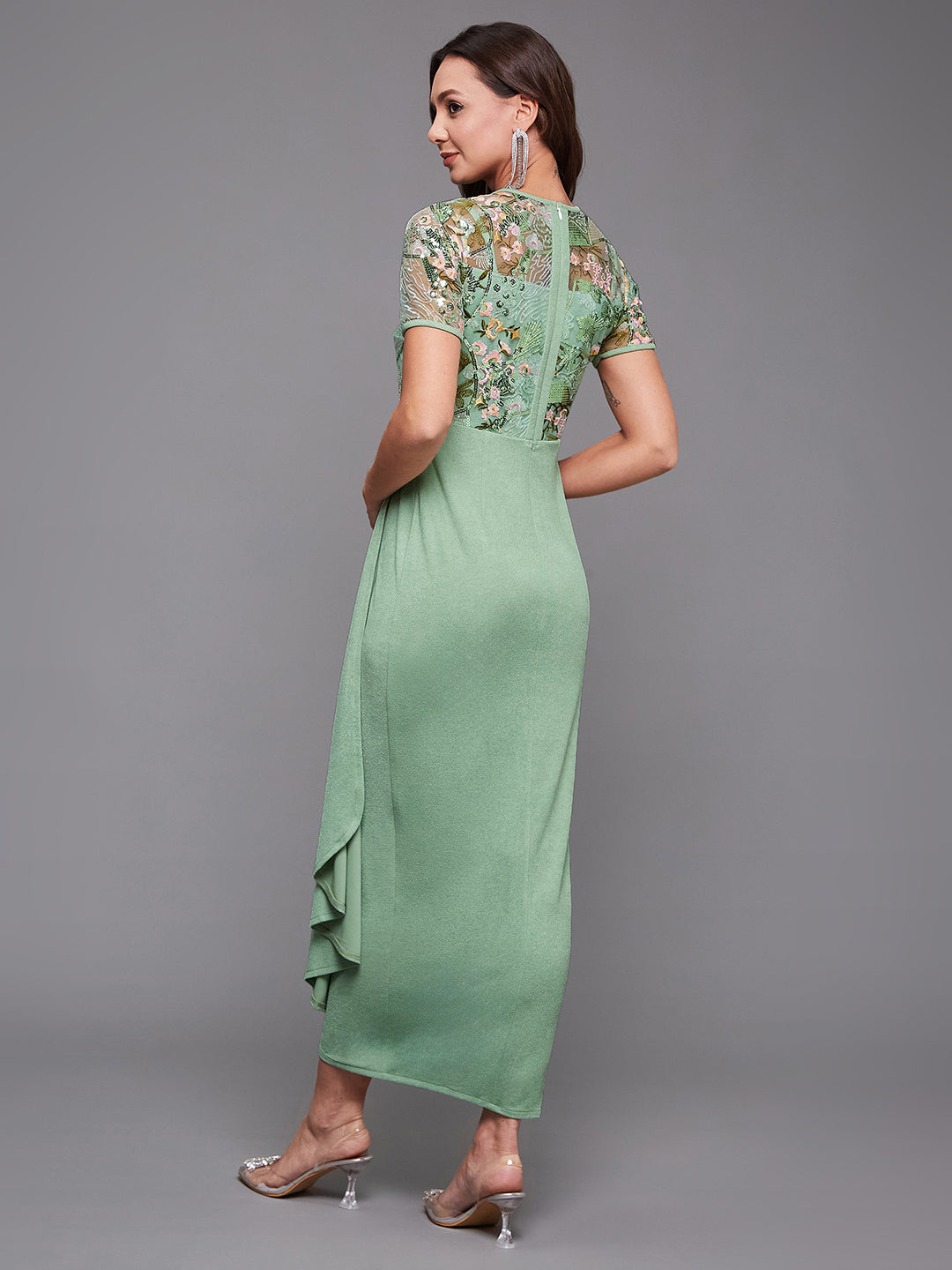 Women's Mint Round-Neck Half-Sleeve Embroidered Draped Polyester Midi Dress