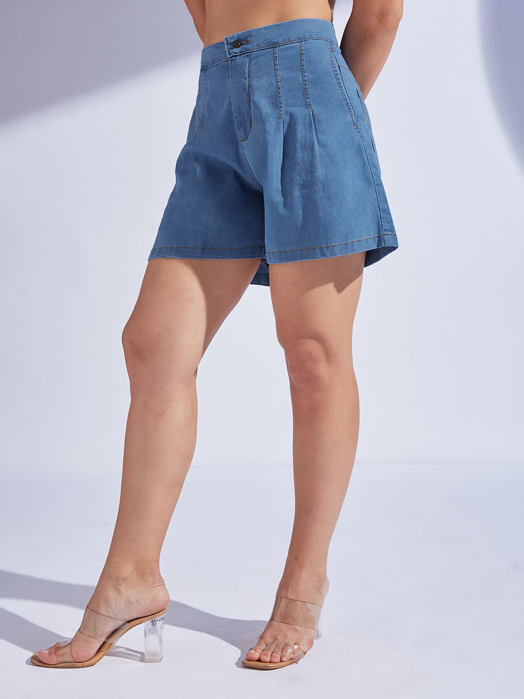 Women's Blue Flared High-Rise Clean-Look Regular-Length Stretchable Special Lightweight Denim Shorts