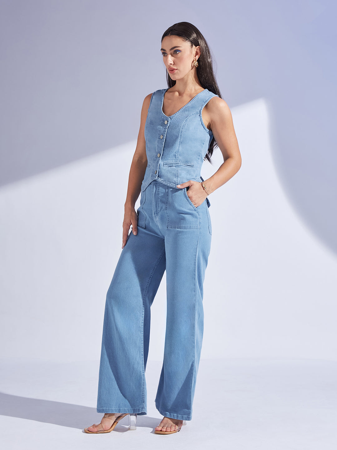 Women's Light Blue Wide-Leg High Rise Regular-Length Stretchable Lightweight Denim Co-Ord Set