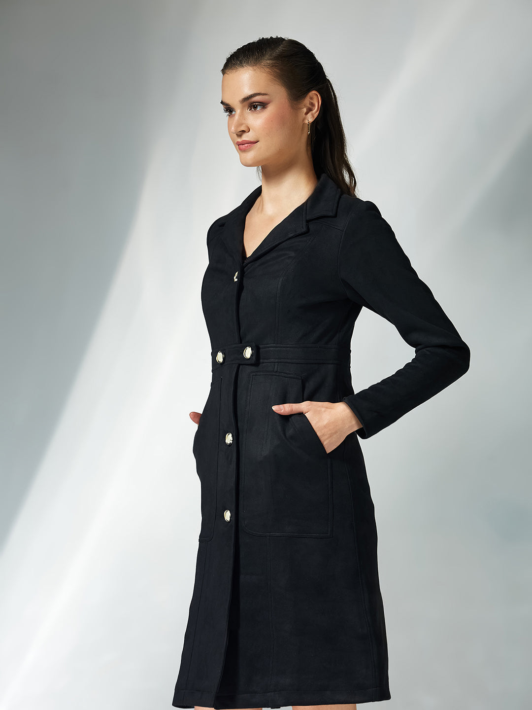 Women's Black Solid Shirt Collar Full Sleeves Patched Pocketed Polyester Button Down Longline Jacket