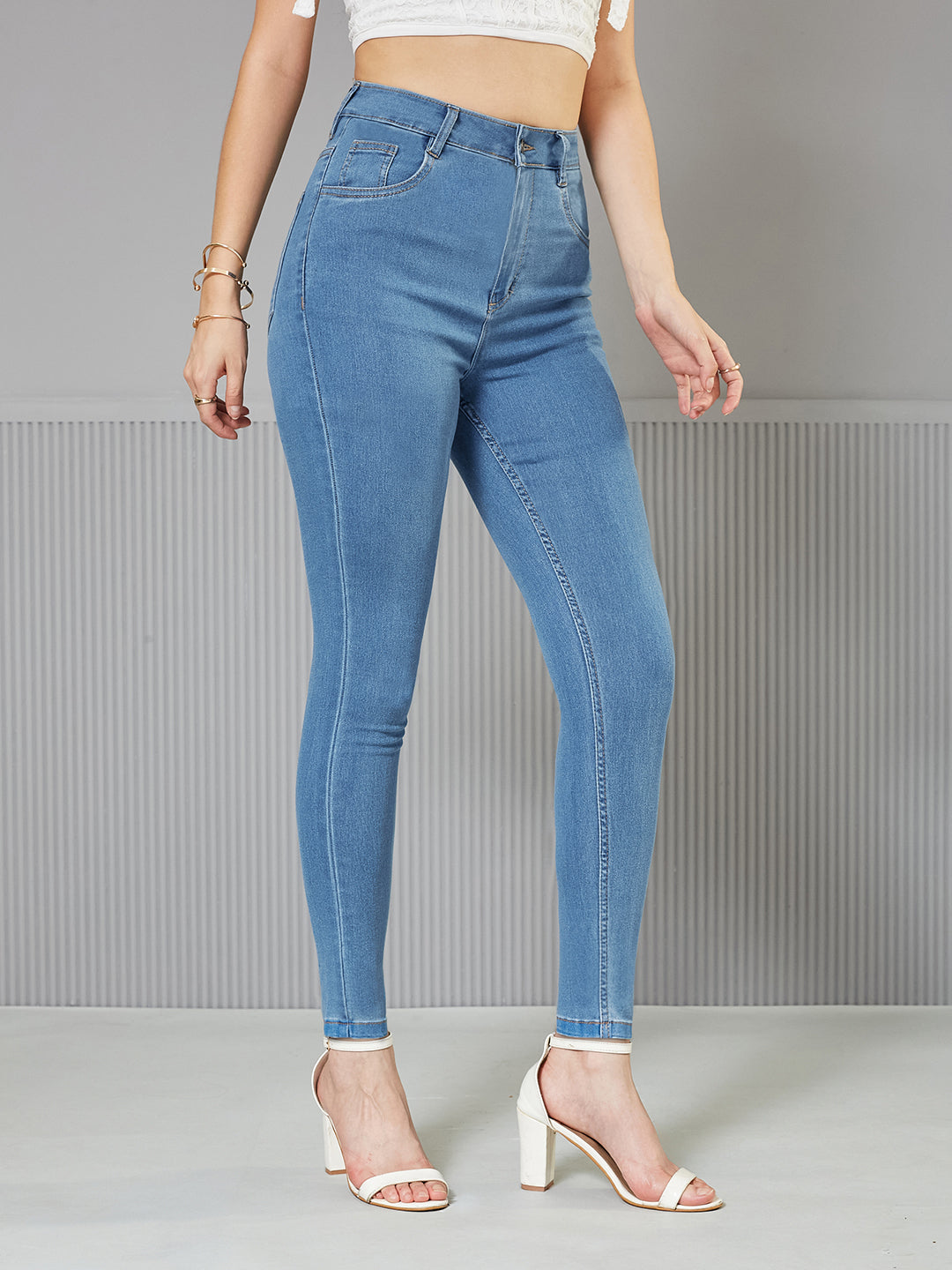 24/7 Comfort Blue Solid Skinny-Fit High-Rise Cropped Fringe Detailing Solid Stretchable Denim Jeans for Women — Miss Chase
