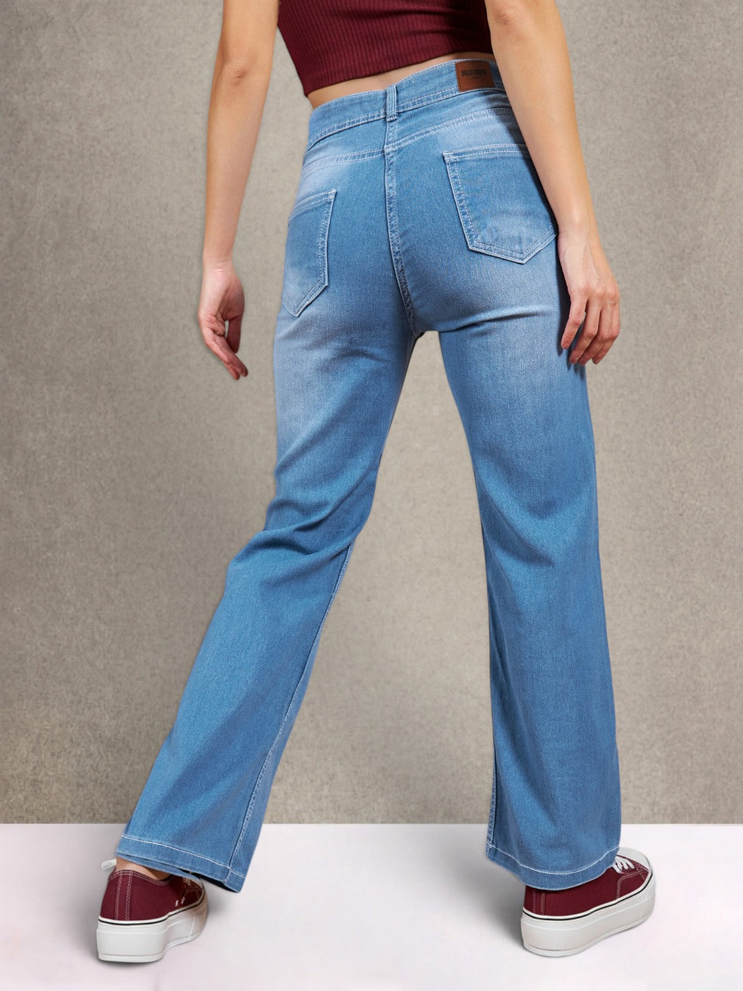 Light Blue Wide-Leg Mid Rise Blast Effect Light Weight Denim Jeans for Women