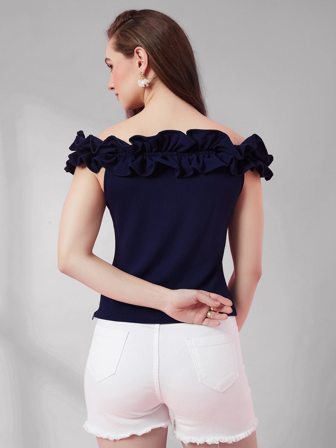 Navy Blue Off Shoulder Sleeveless Solid Ruffled Frilled Gathered Bardot Top for Women