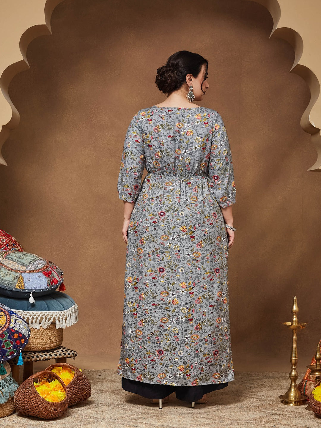 Grey Round neck 3/4th Sleeve Floral Elasticated Maxi Top for Women — Miss Chase A+