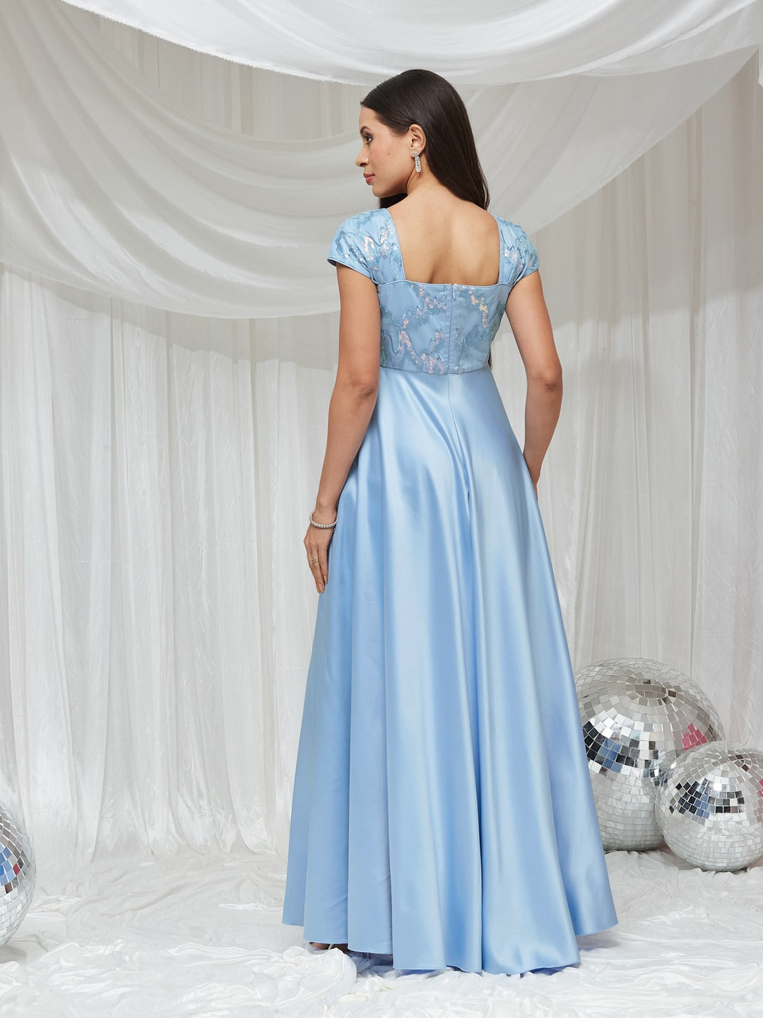 Light Blue Sequinned Cap-Sleeved Satin Maxi Dress for Women