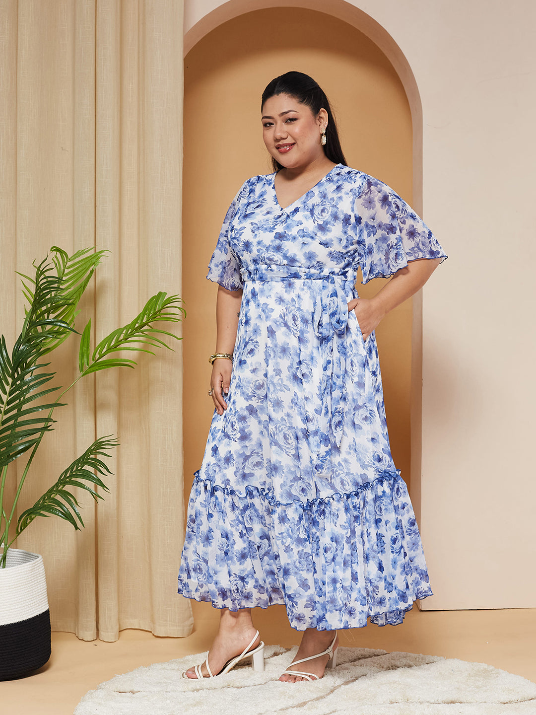 Multicolored Floral Wrap Chiffon Maxi Dress with White Base & Flutter-Sleeves for Women