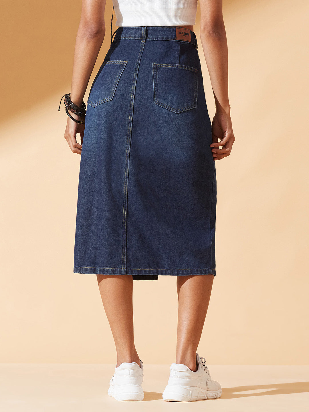 Dark Blue A-Line High-Rise Clean-Look Non-stretchable Denim Midi Skirt for Women