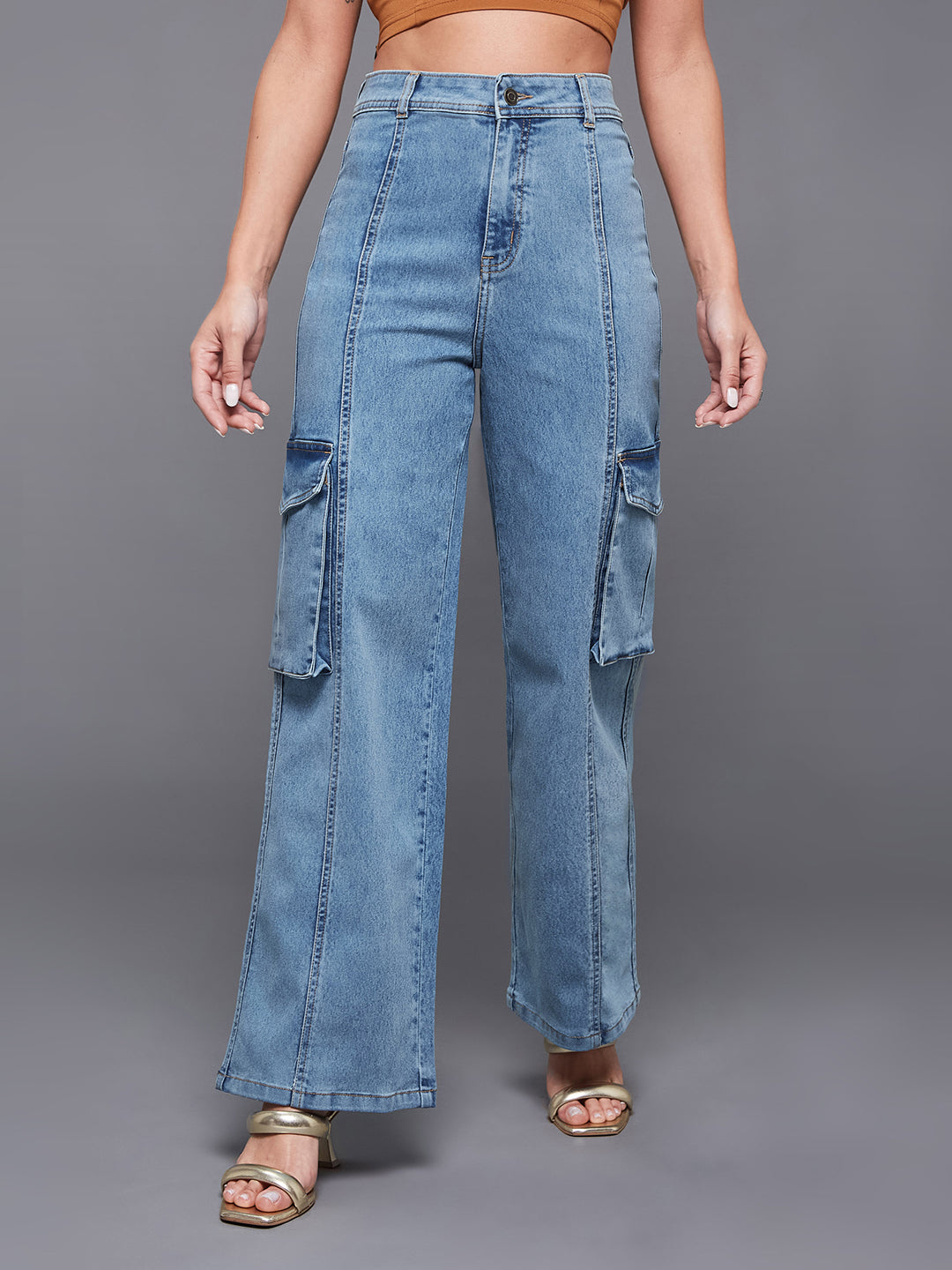24/7 Comfort Blue Wide-Leg High-Rise Stretchable Cargo Denim Jeans