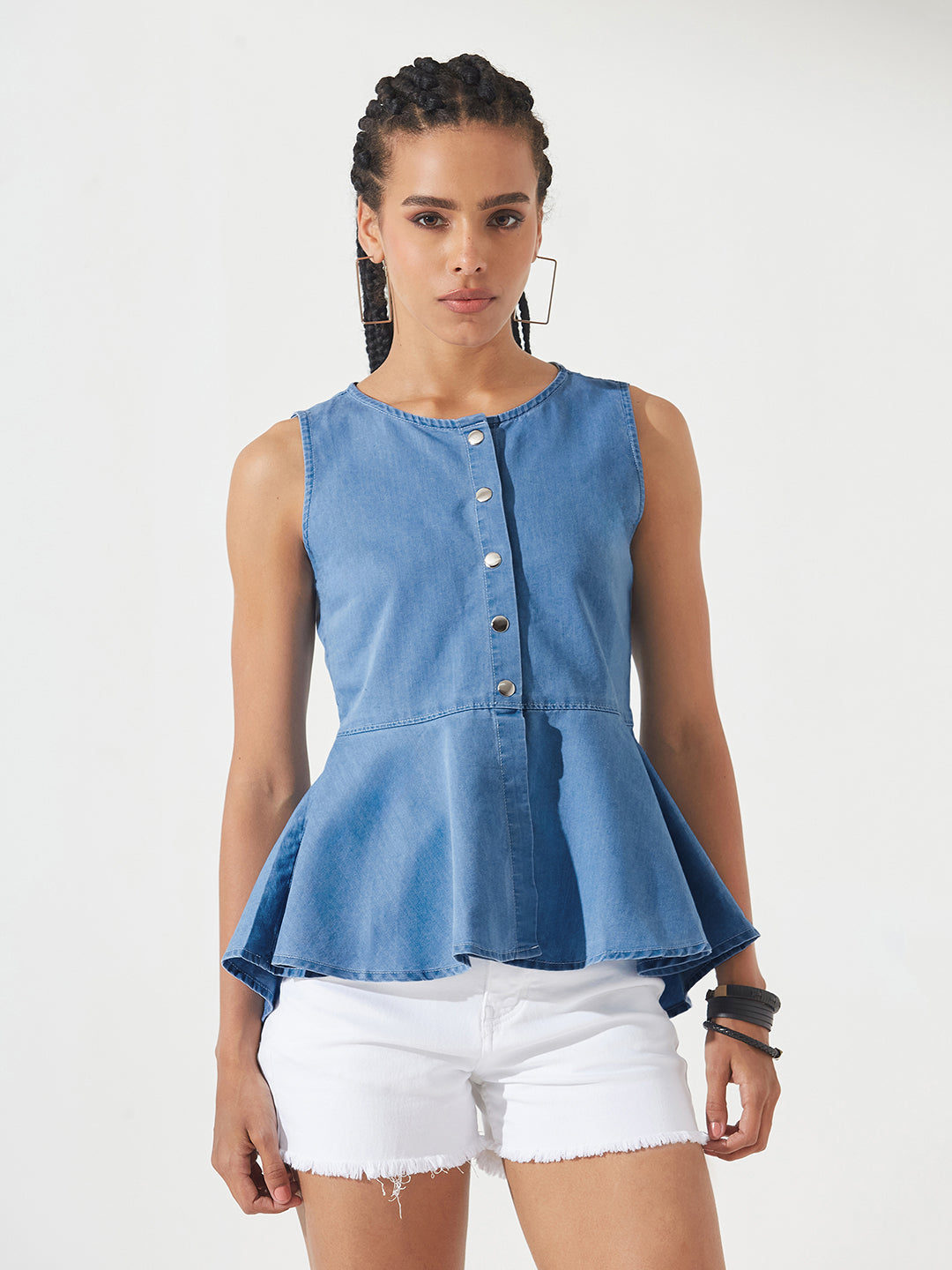Blue Round Neck Sleeveless Denim Front Open Solid Hooded Peplum Top for Women