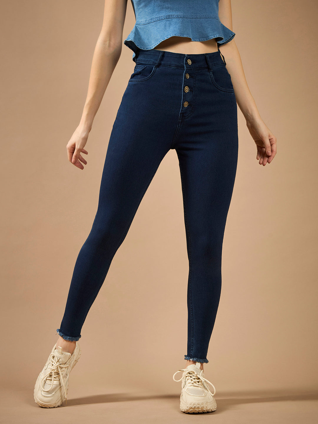 Women's Navy-Blue Skinny High-Rise Clean-Look Solid Fringed Hemline Cropped Stretchable Denim Jeans
