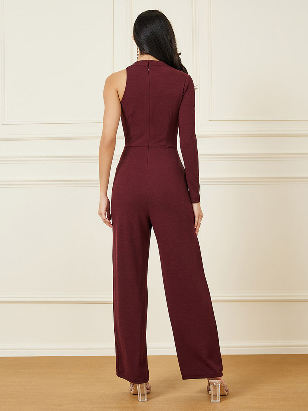 Women's Wine Embellished Shawl Collar Asymmetric Polyester Blazer-Styled Slim Fit Regular Jumpsuit