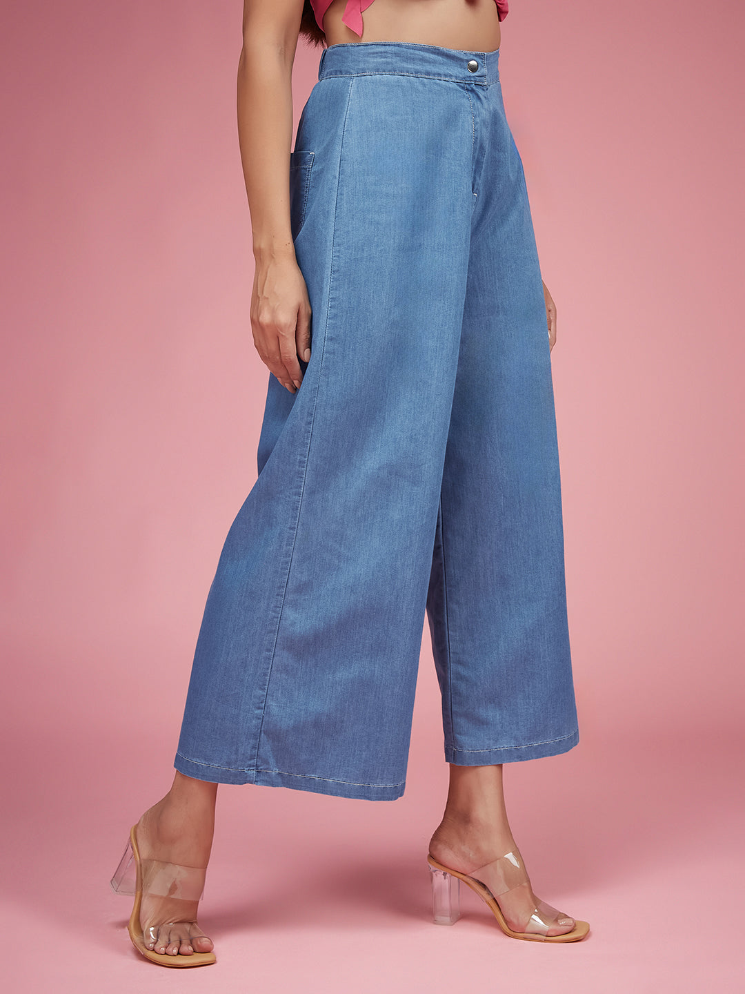 Women's Blue Flared Wide-Leg High-Rise Non Stretchable Light Weight Denim Culottes Pants