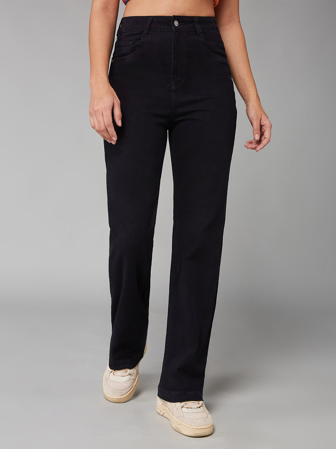 24/7 Comfort Black Straight-Fit High-Rise Stretchable Denim Jeans for Women