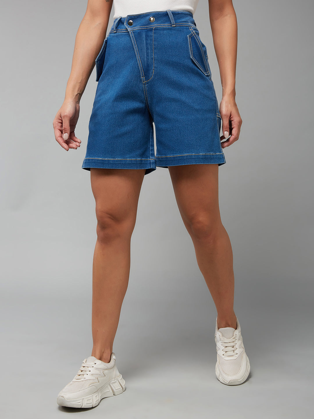 Relaxed-Fit Mid-Rise Clean-Look Stretchable Blue Denim Bermuda Shorts for Women