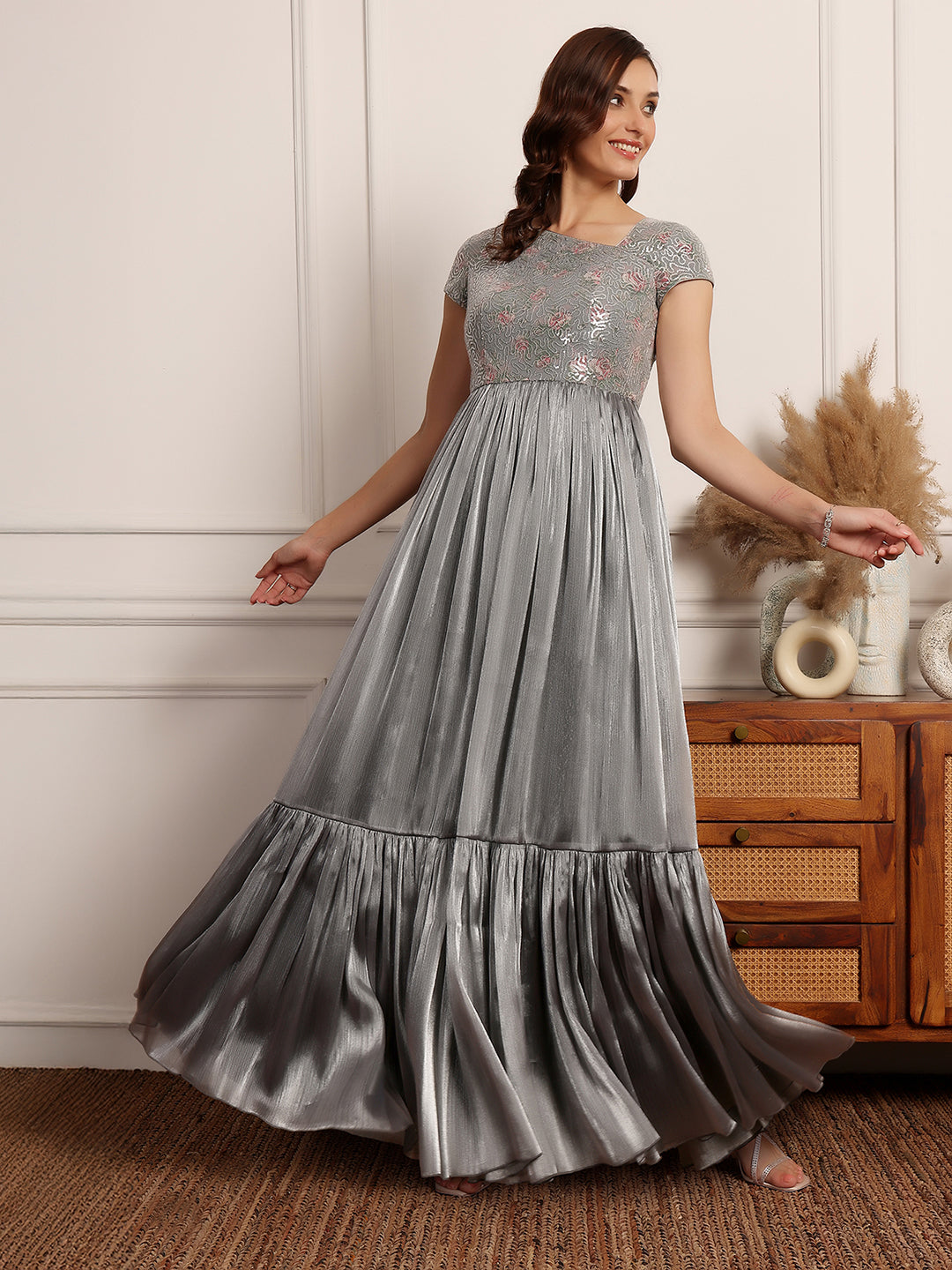 Silver Sequinned Layered Maxi Dress Gown Frock for Women | Ladies' Life of the Party Collection