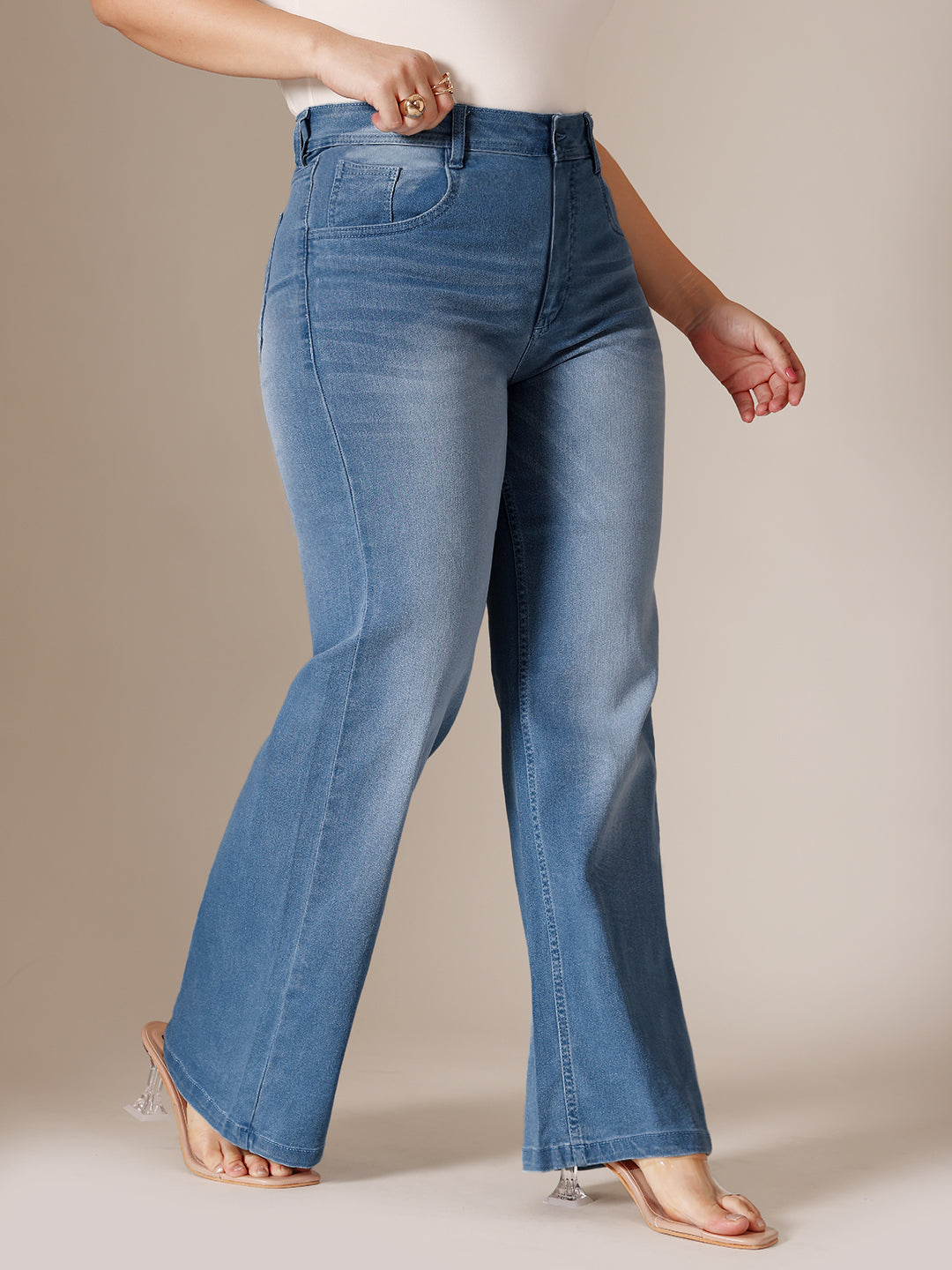 24/7 Comfort Light Blue Wide-Leg Mid Rise Clean Look Regular Length Blast Effect Denim Jeans for Women