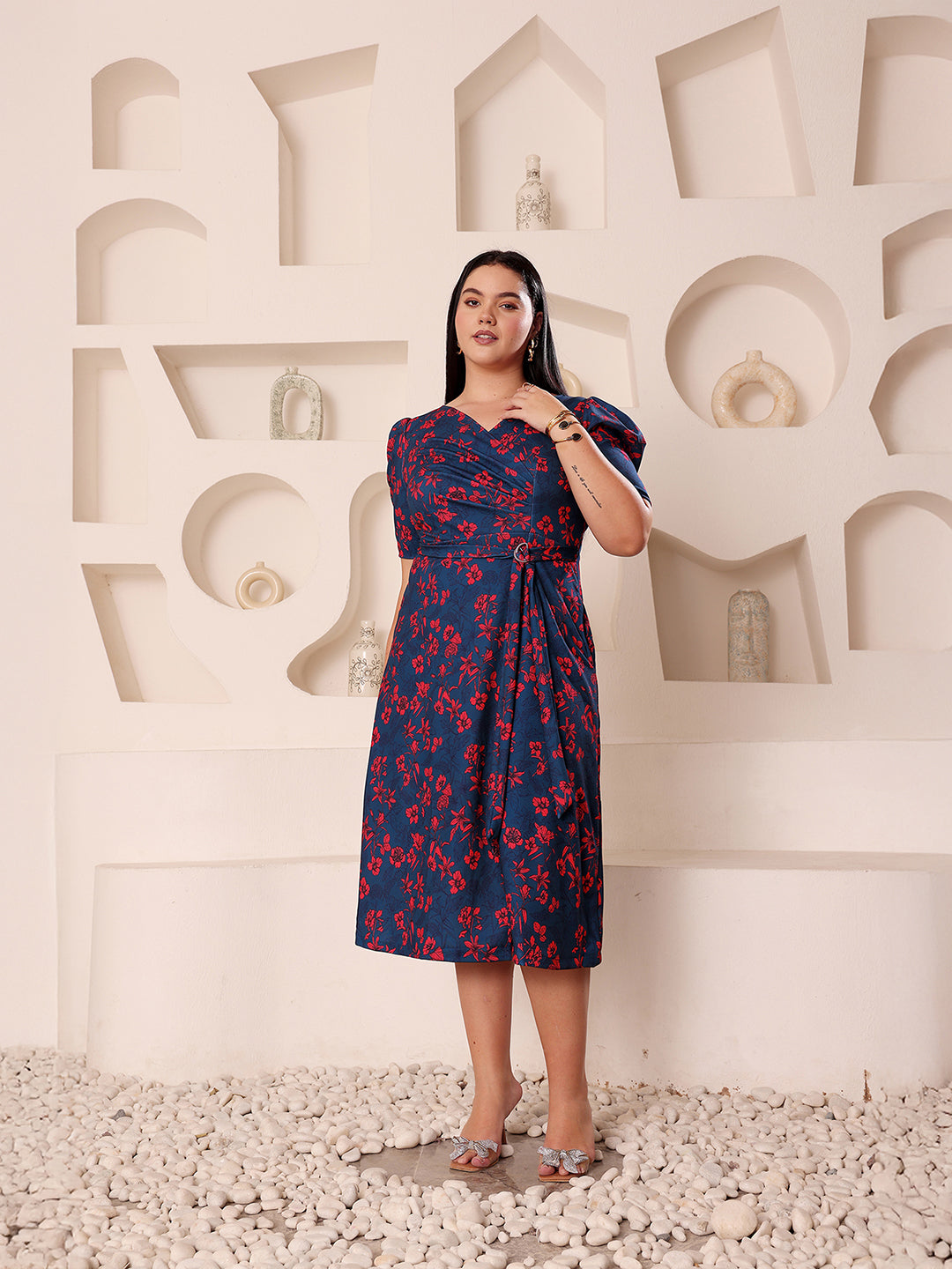 Body Bliss Multicolored-Base-Teal V-neck Puff-Sleeves Floral Wrap Midi Dress