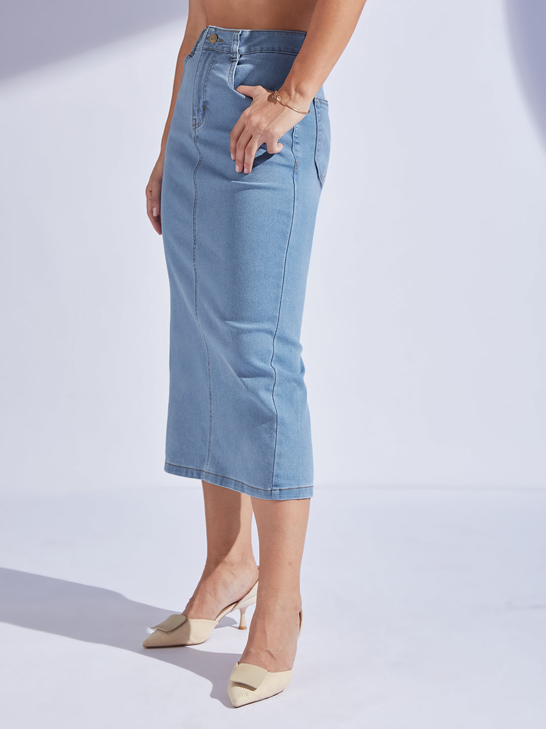 Women's Light Blue Straight High-Rise Midi Stretchable Denim Skirt