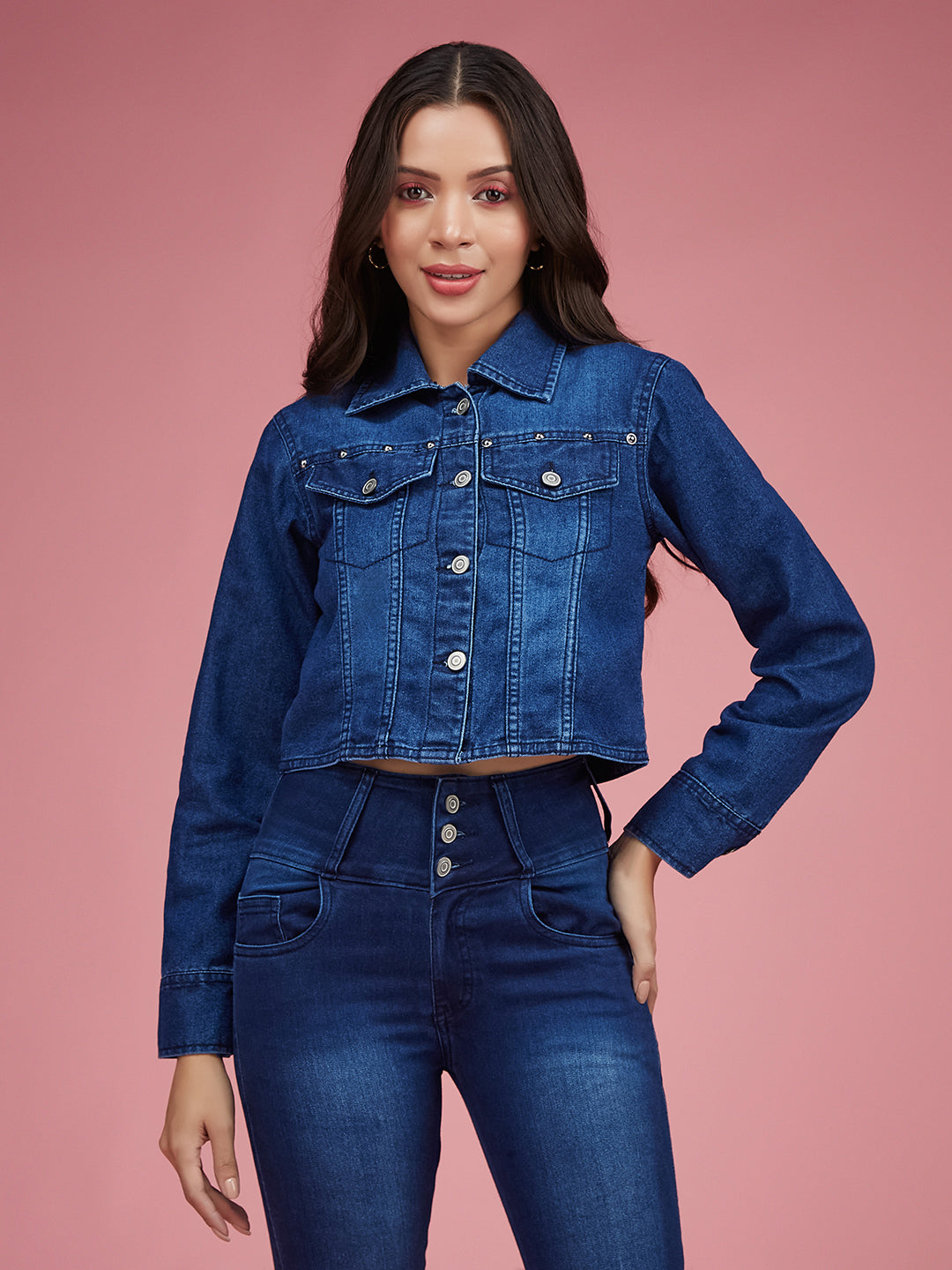 Navy-Blue Solid Polo Neck Full Sleeves Buttoned Denim Embellished Cropped Jacket for Women
