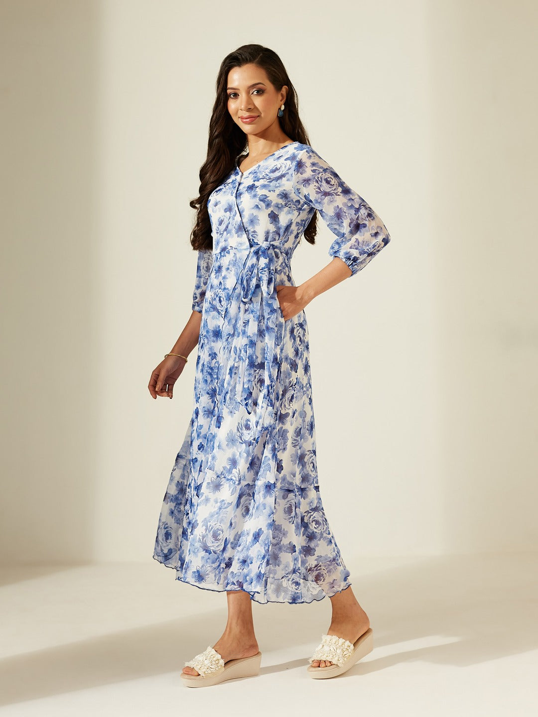 White V-Neck Three-Quarter Sleeve Floral Wrap Chiffon Midi Dress for Women