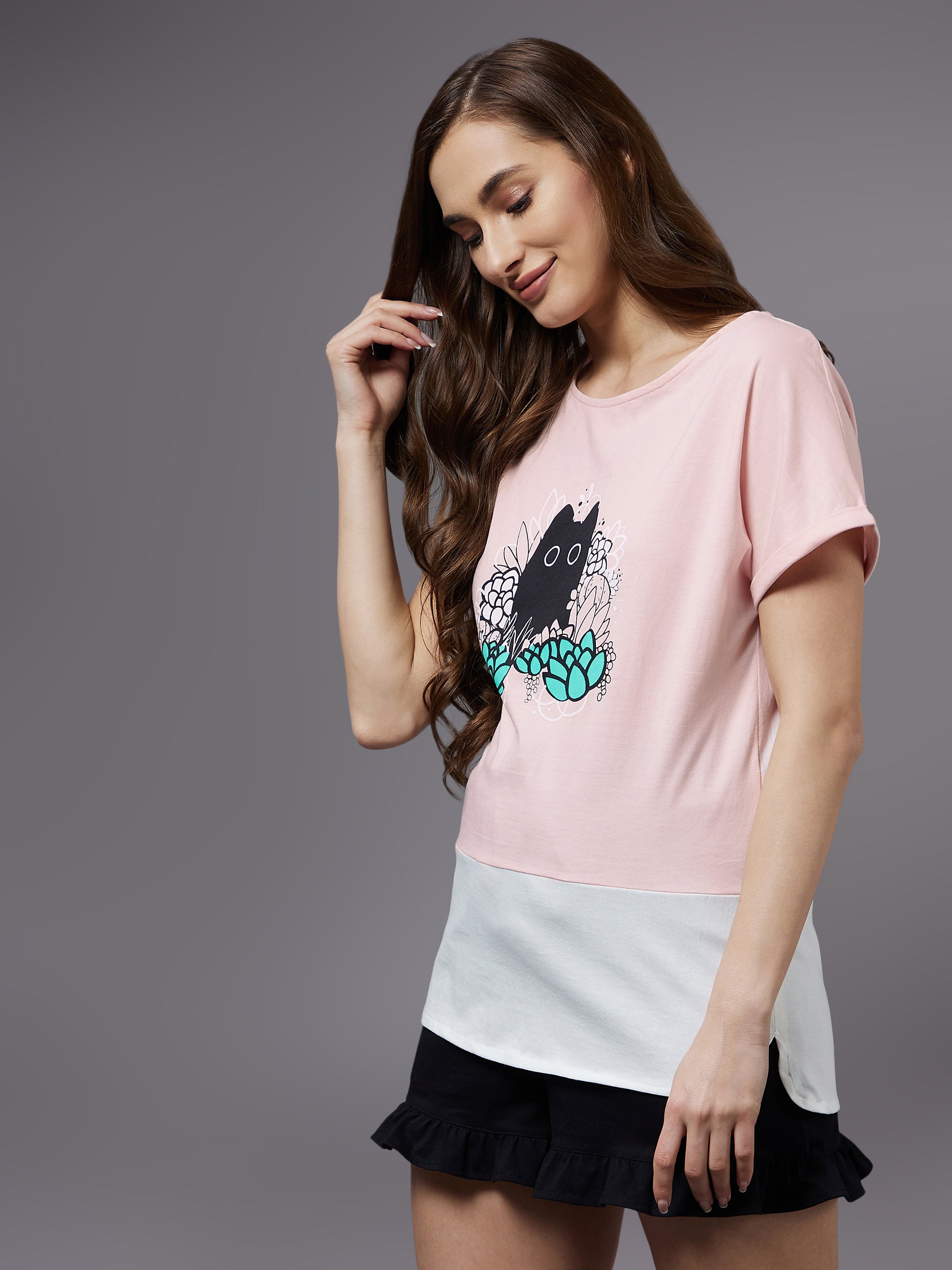 Women's Light Pink Cotton Solid Regular Length Round Neck Short Sleeves Loungewear T-shirt