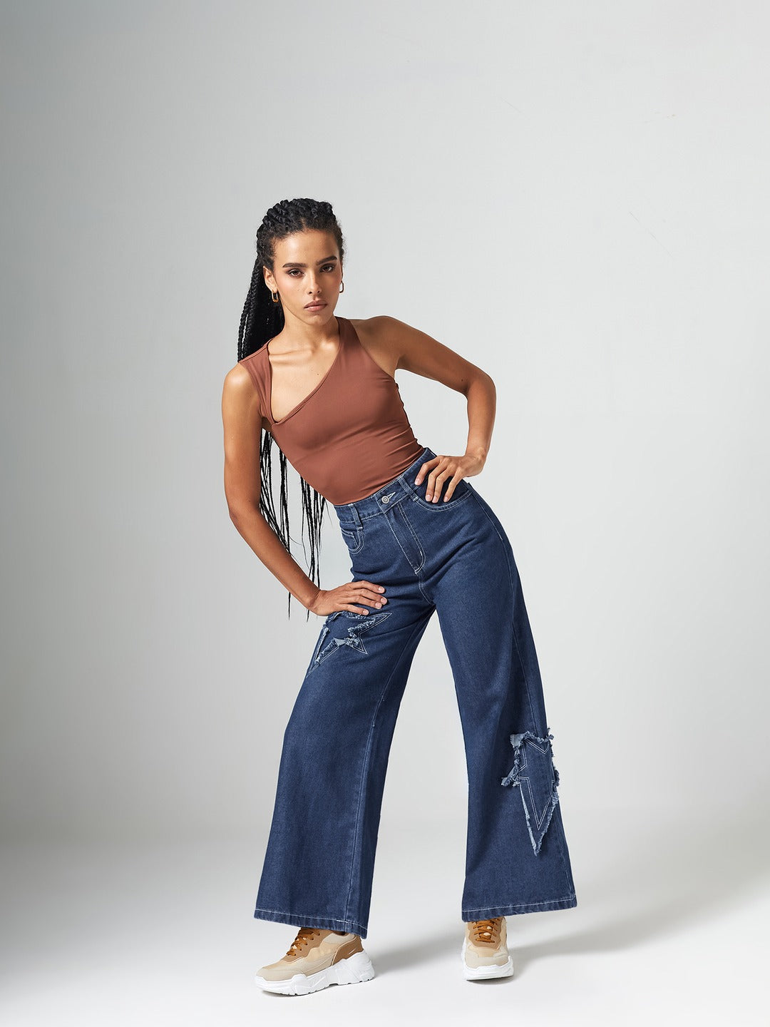 Navy Blue High Rise Mildly-Distressed Regular-Length Stretchable Denim Wide-leg Jeans for Women