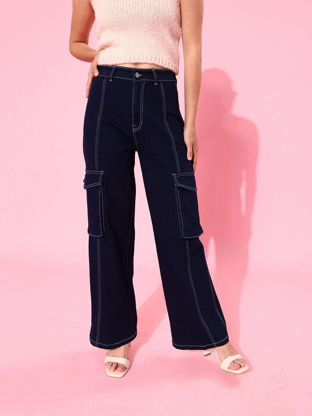 24/7 Comfort Navy Blue Wide-Leg Cargo High-Rise Stretchable Baggy Denim Jeans