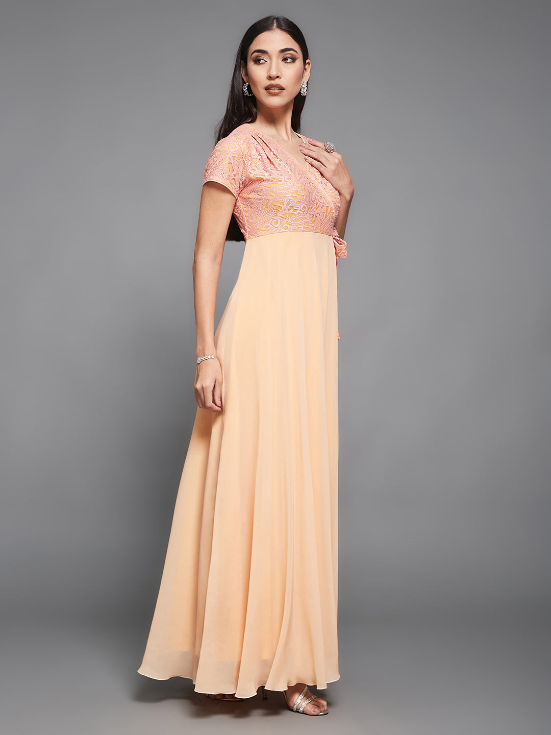Women's Peach Wrap-Styled Short Sleeve Self-Designed Maxi Georgette Dress