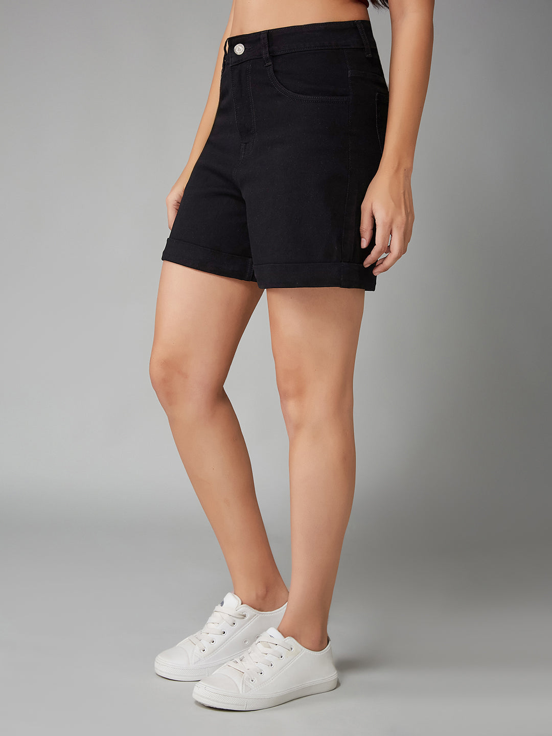 Black Flared High-Rise Clean-Look Regular Stretchable Denim Shorts for Women