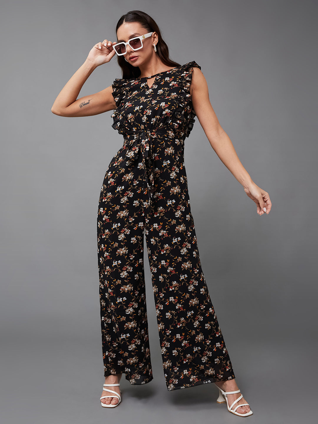 Women's Multicolored-Base-Black Round neck Sleeveless Floral Wide-Leg Regular Jumpsuit