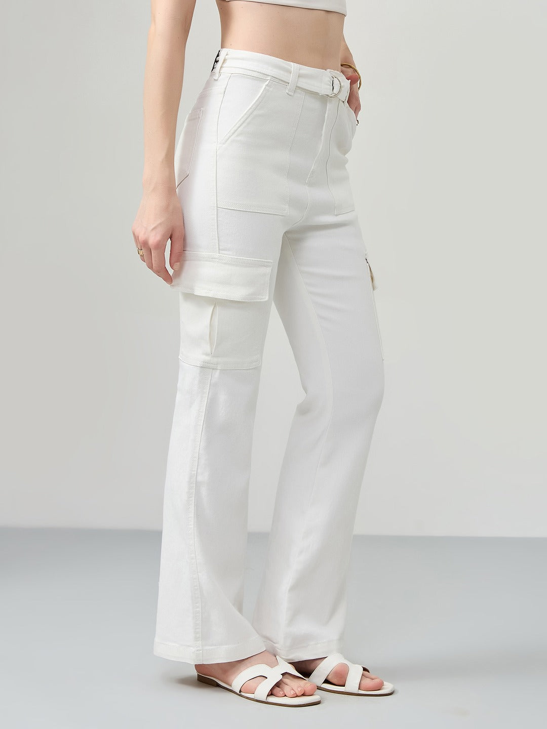 White Wide Leg high-rise Regular Stretchable Denim Jeans for Women