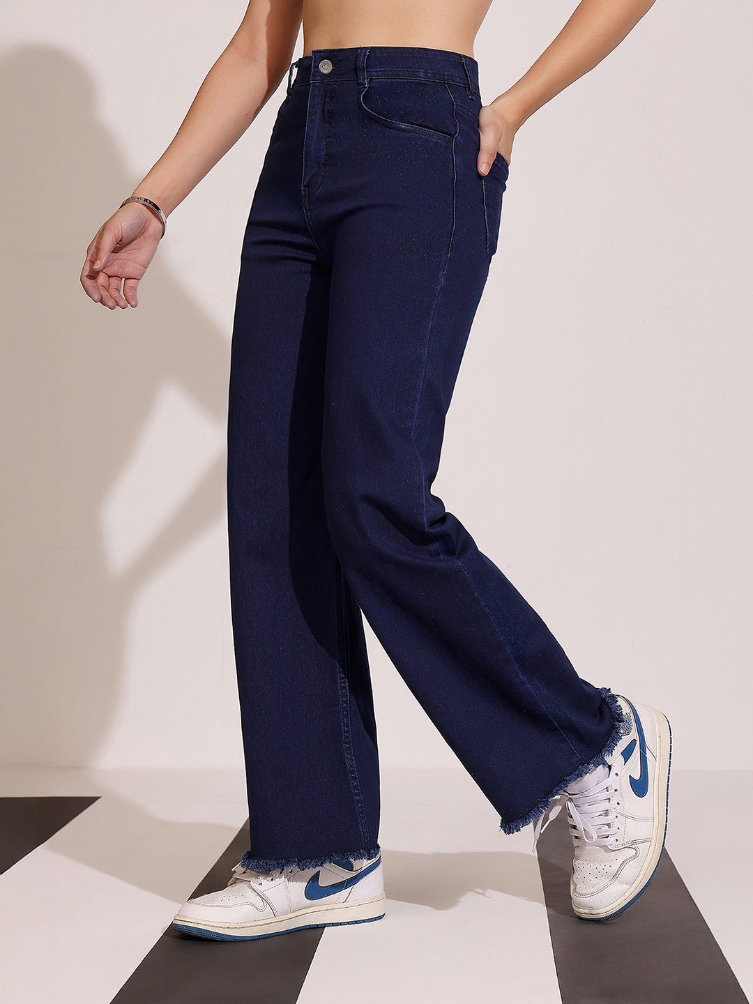 Women's Navy Blue Wide-Leg High-Rise Clean-Look Regular-Length Stretchable Denim Jeans
