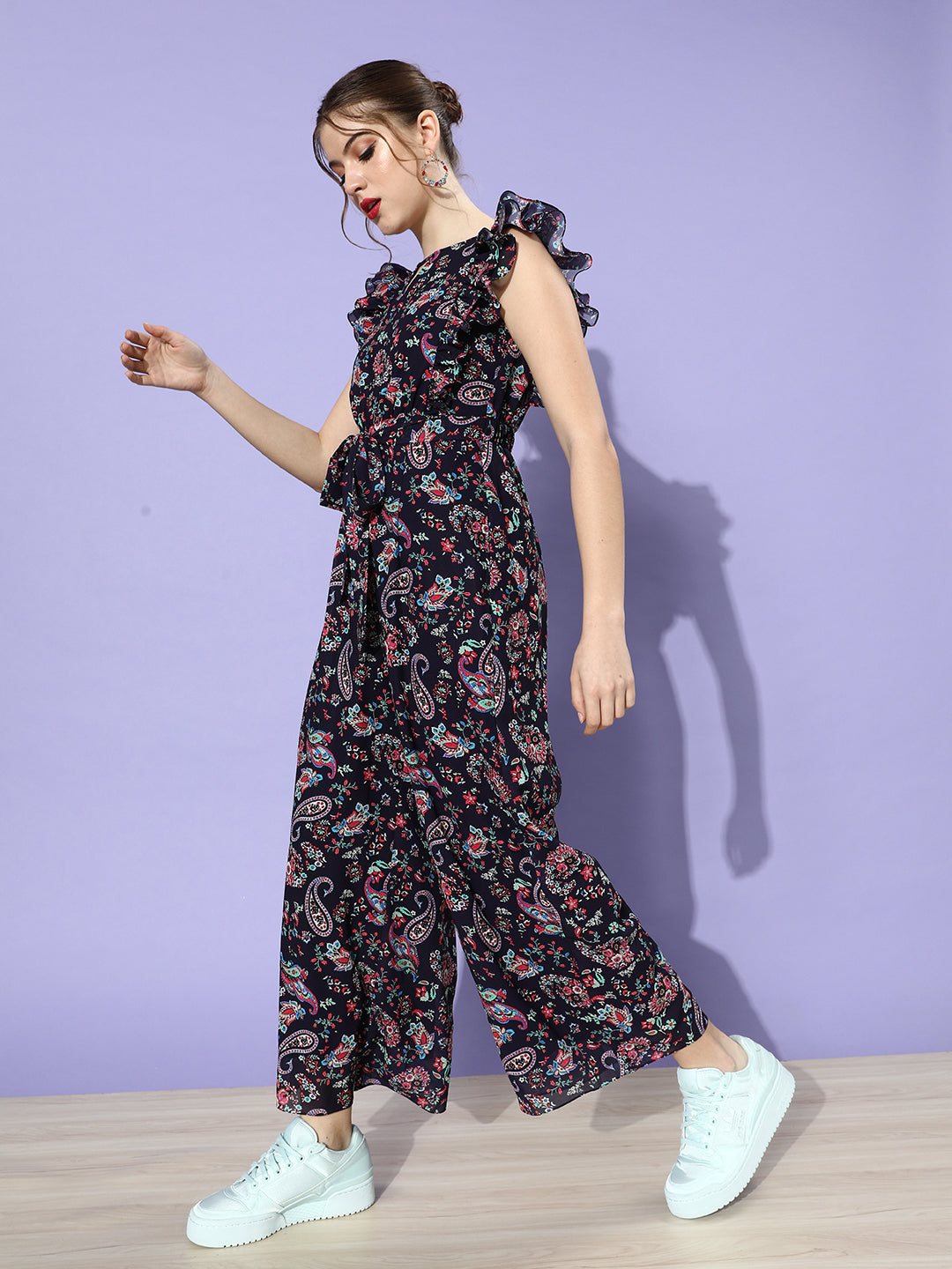 Women's Multicolored-Base-Navy Blue Round Neck Sleeveless Floral Wide-Leg Regular Jumpsuit