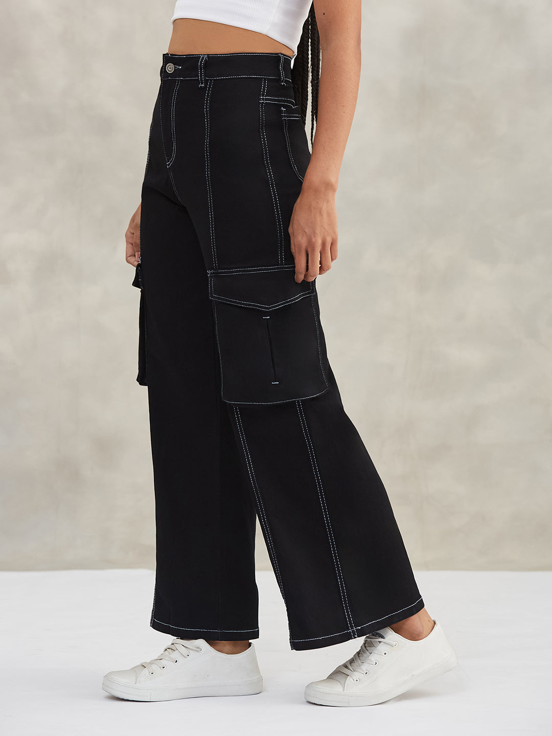 Women's Black Wide-Leg High-Rise Clean-Look Regular-Length Stretchable Patch-Pocketed Denim Jeans