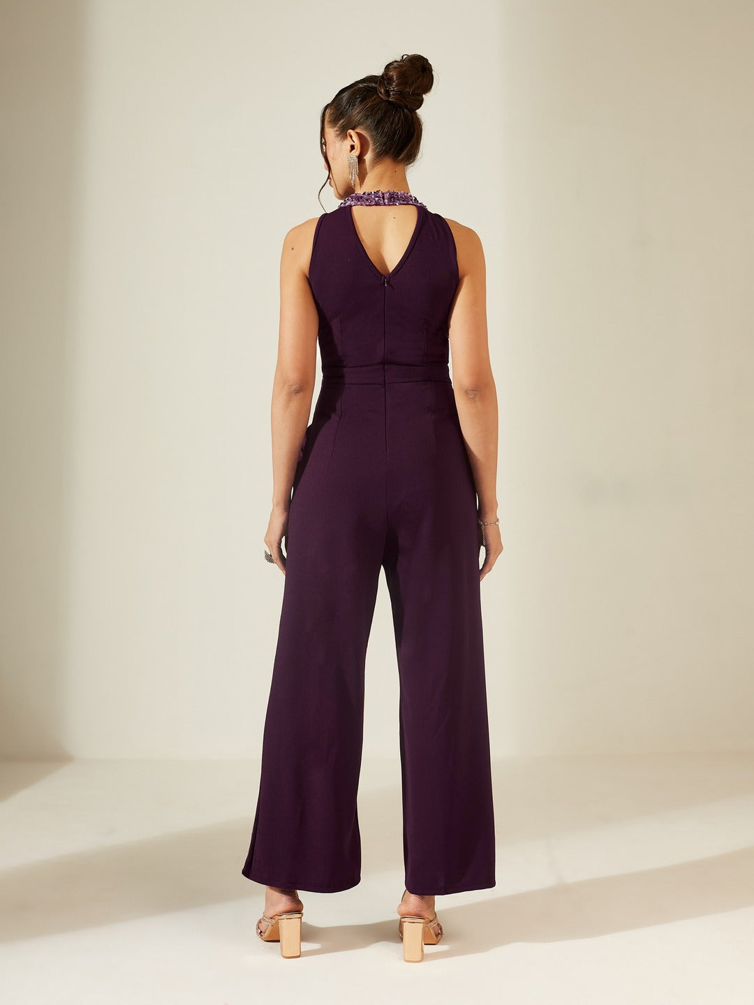 Dark Purple Halter Neck Sleeveless Embellished Jumpsuit for Women