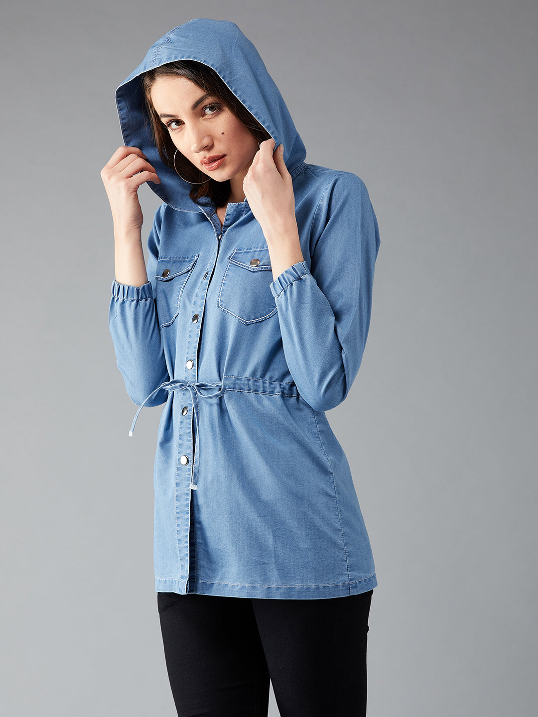 Women's Light Blue Round Neck Full Sleeve Solid Long Hoodie With Tie-Up Regular Jacket