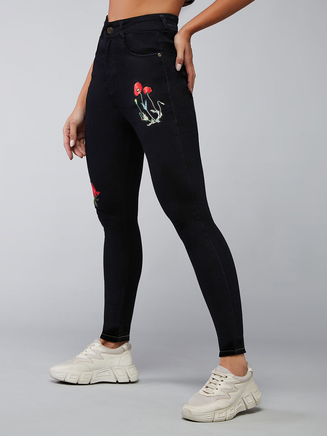 Women's Black Slim-Fit High-Rise Rose Applique Detailing Denim Jeans