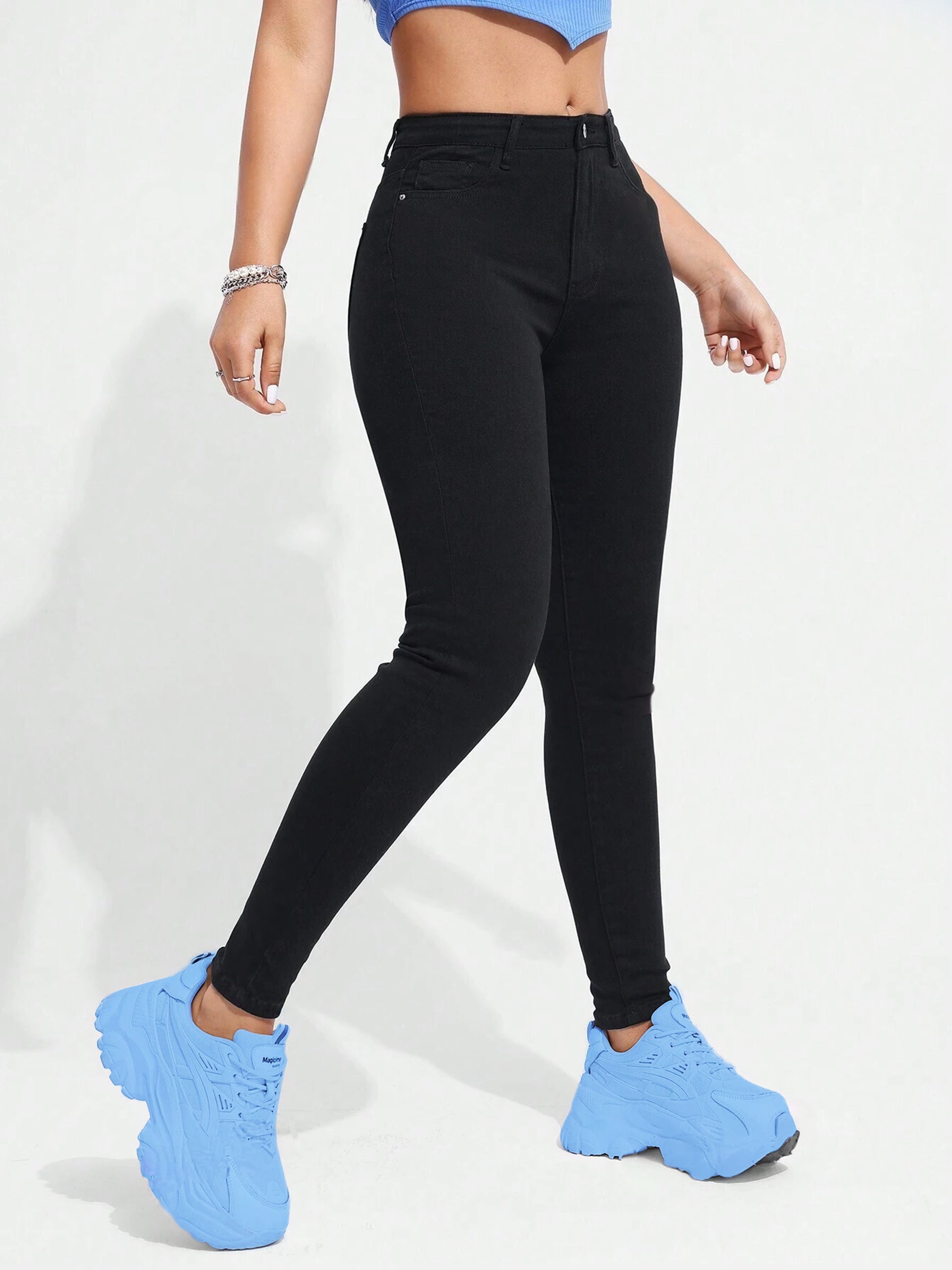 Women's Black Skinny-Fit High-Rise Clean-Look Regular Length Clean-Look Stretchable Denim Jeans