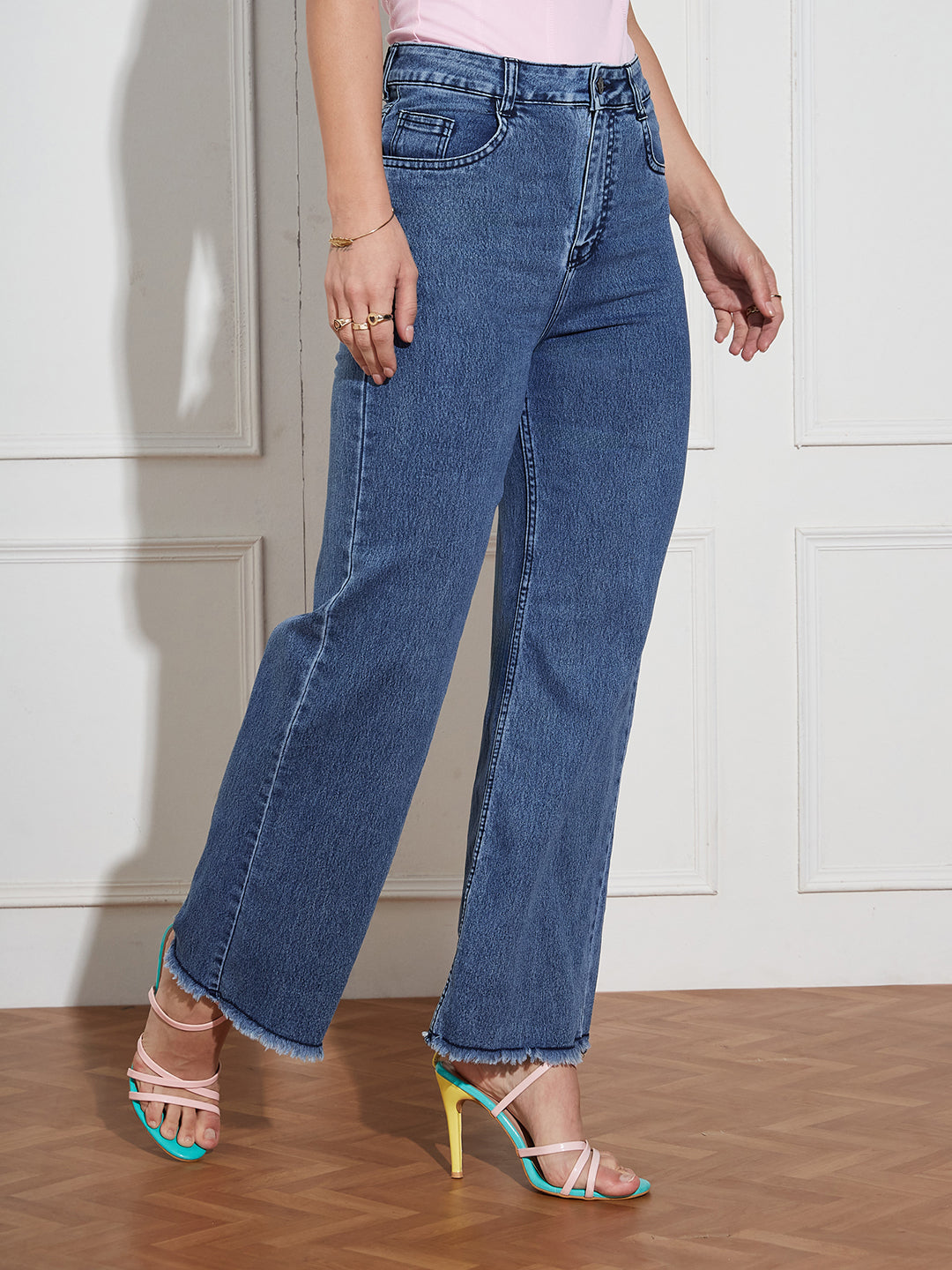 Women's Navy-Blue Wide-Leg High Rise Regular-Length Stretchable Denim Jeans