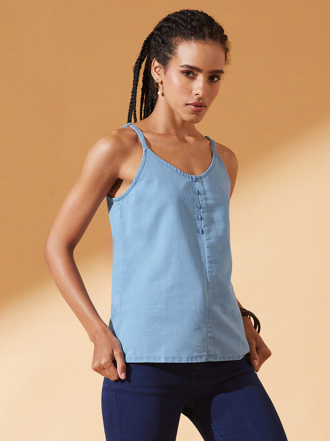 Light-Blue V Neck Sleeveless Cotton Solid Denim Spaghetti Top for Women